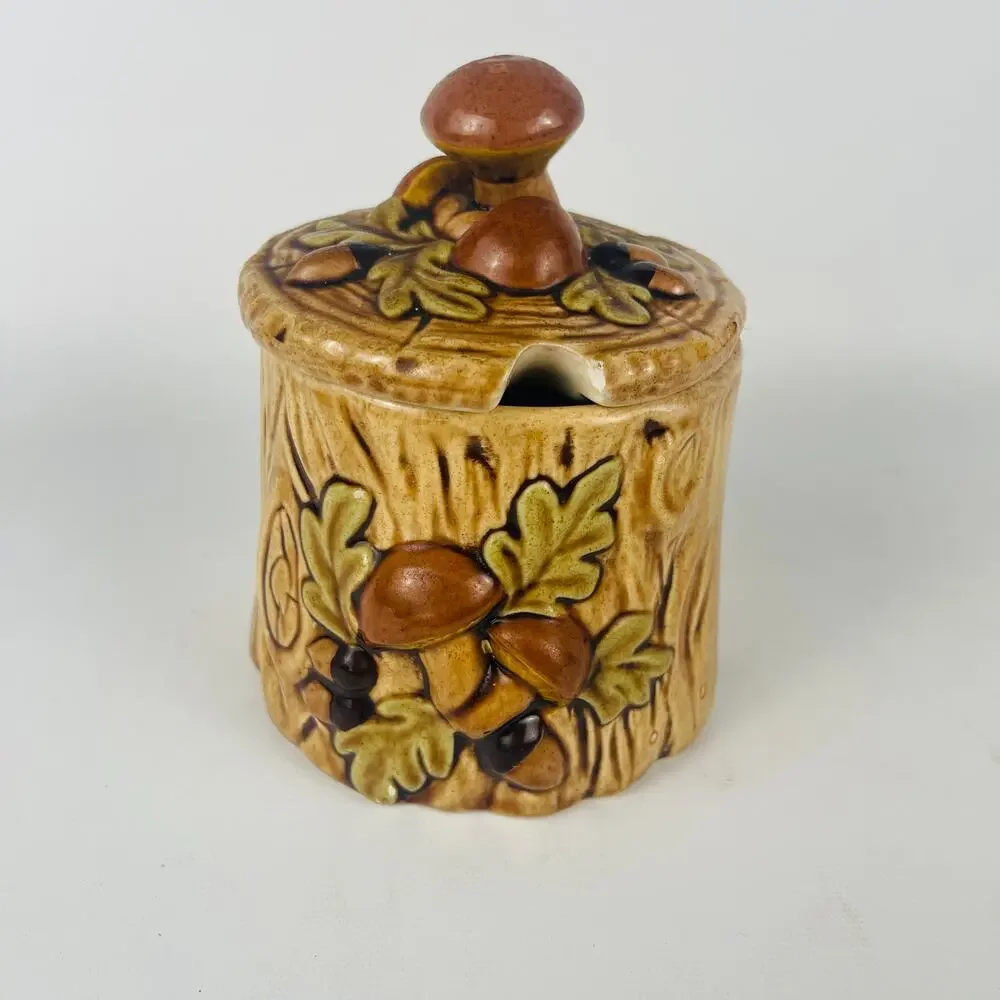 Lefton Mushroom Forest Ceramic Sugar Bowl Jar 3D Stump Design Acorns